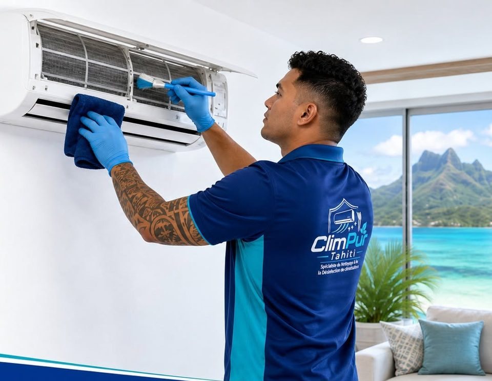 Technicien ClimPur nettoyant l'intérieur d'un split mural